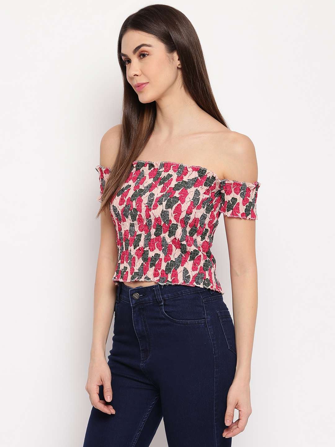 Women's Rayon Printed Off-Shoulder Smocked Crop Top Short Sleeve Casual Styles Tank Top (FREE SIZE) Multi35